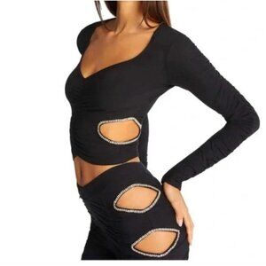 NWT I.Am.Gia Lovedoll Black Rhinestone Cropped Long Sleeve Top Size XS